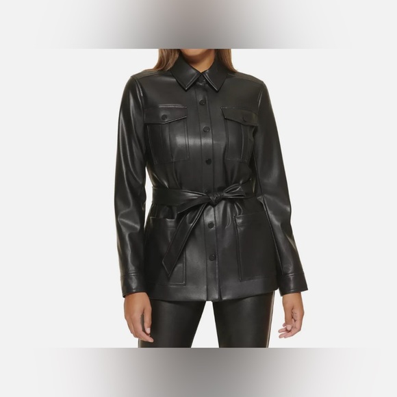 🌹Calvin Klein Tie Waist Belted Faux-leather Jacket - Picture 13 of 14